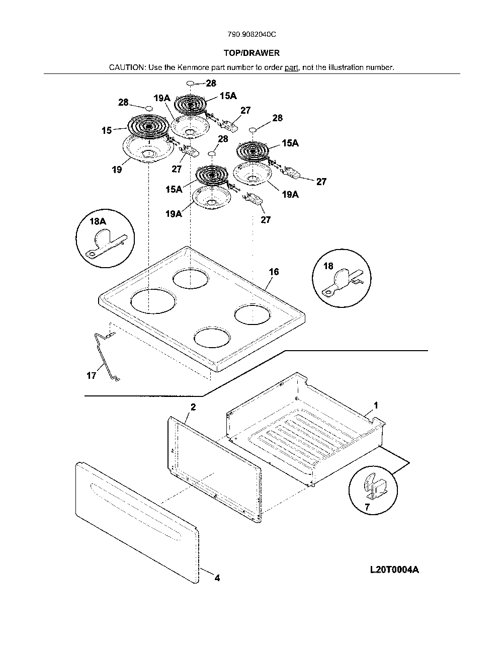 Top/drawer Diagram and Parts List for 7909082040C  Kenmore Range
