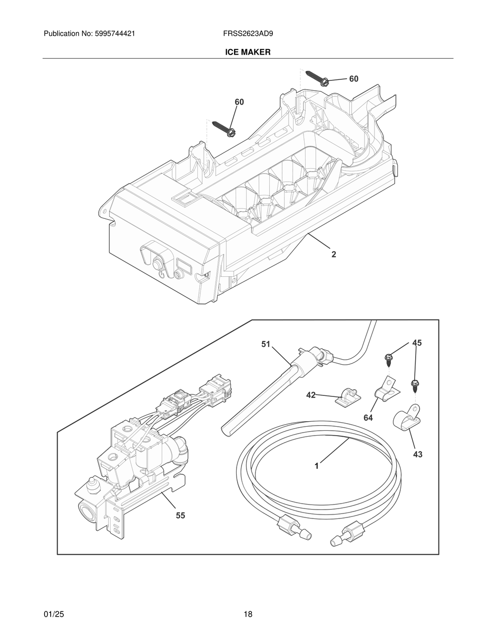 Ice Maker Diagram and Parts List for FRSS2623AD9  Frigidaire Refrigerator