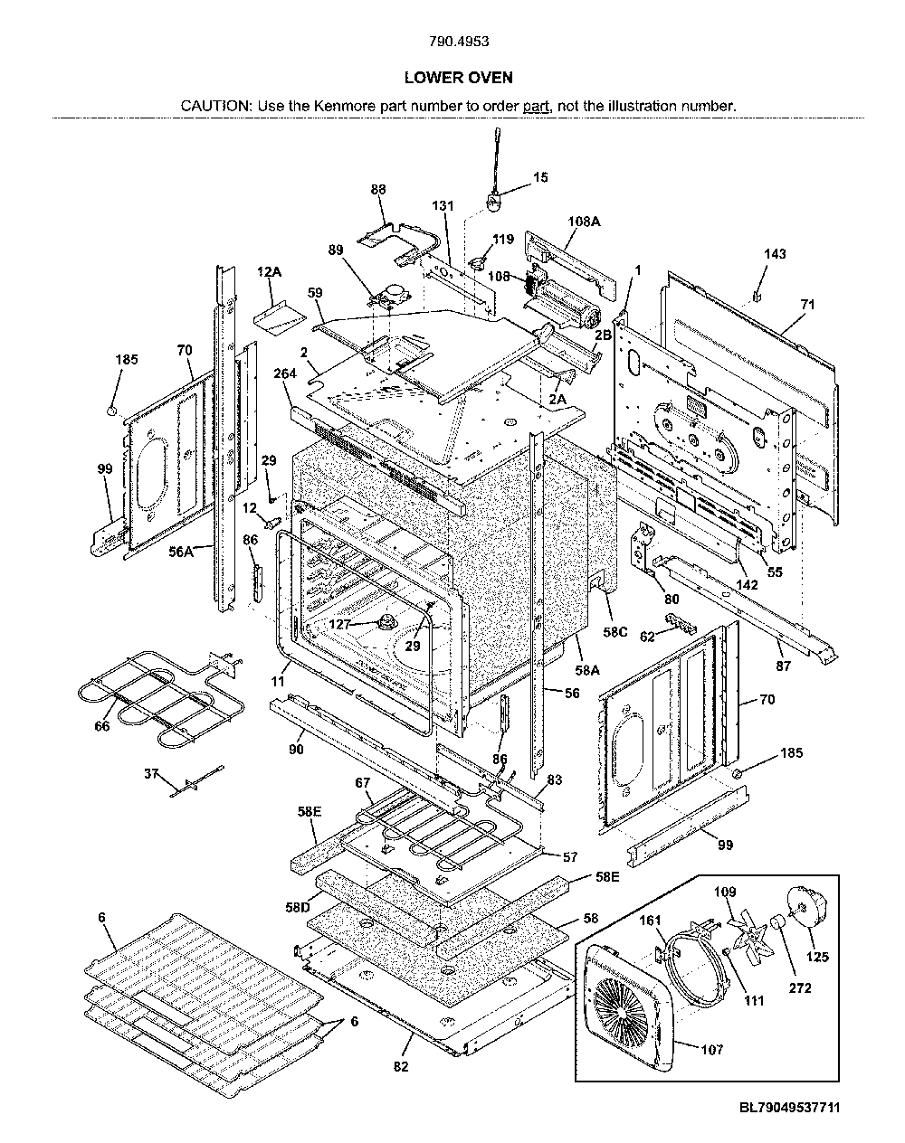 Lower oven Diagram and Parts List for 79049532317  Kenmore Wall Oven