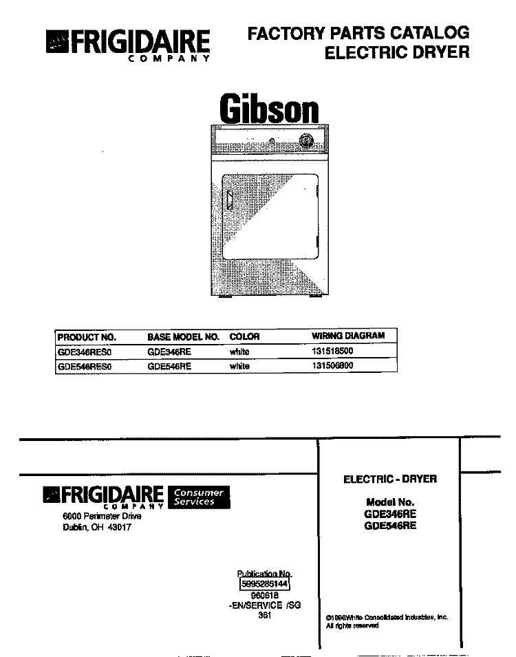 COVER Diagram and Parts List for GDE346RES0  Gibson Dryer