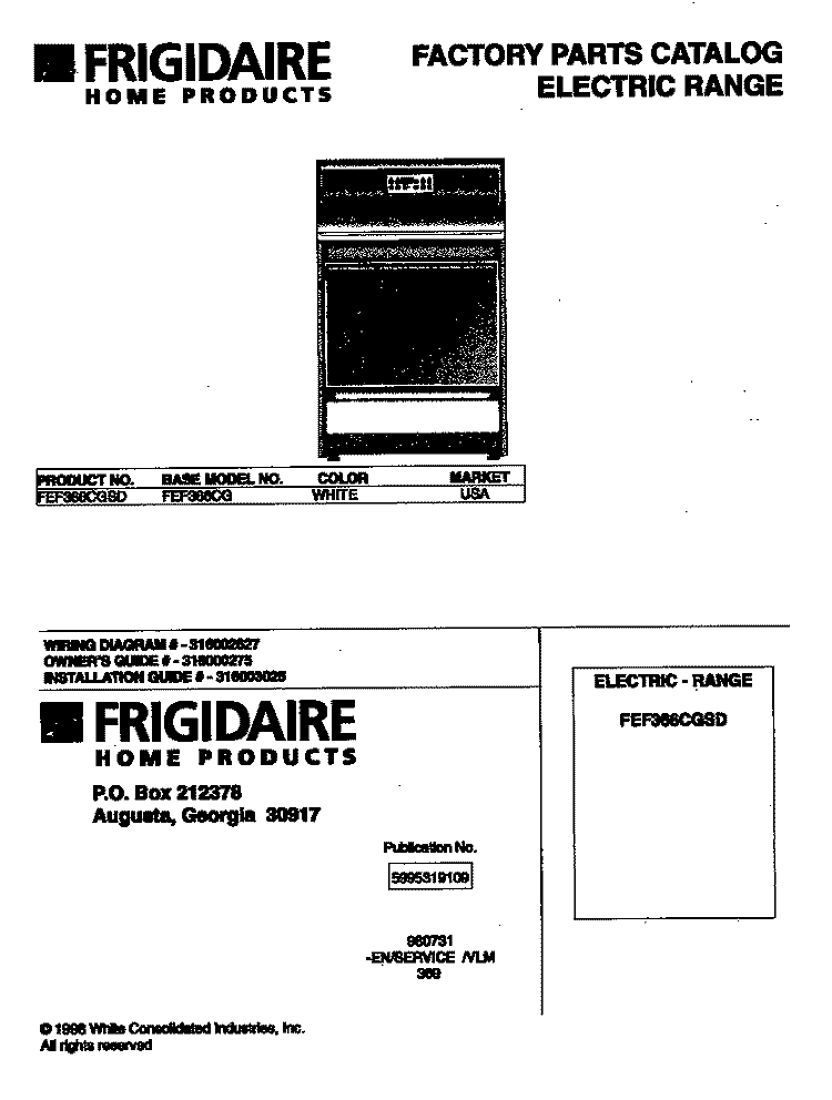 COVER Diagram and Parts List for FEF366CGSD  Frigidaire Range