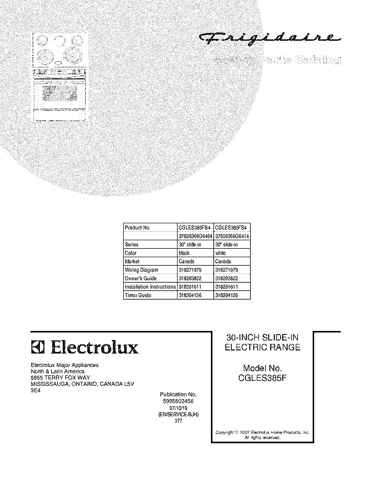 COVER Diagram and Parts List for CGLES385FS4  Frigidaire Wall Oven