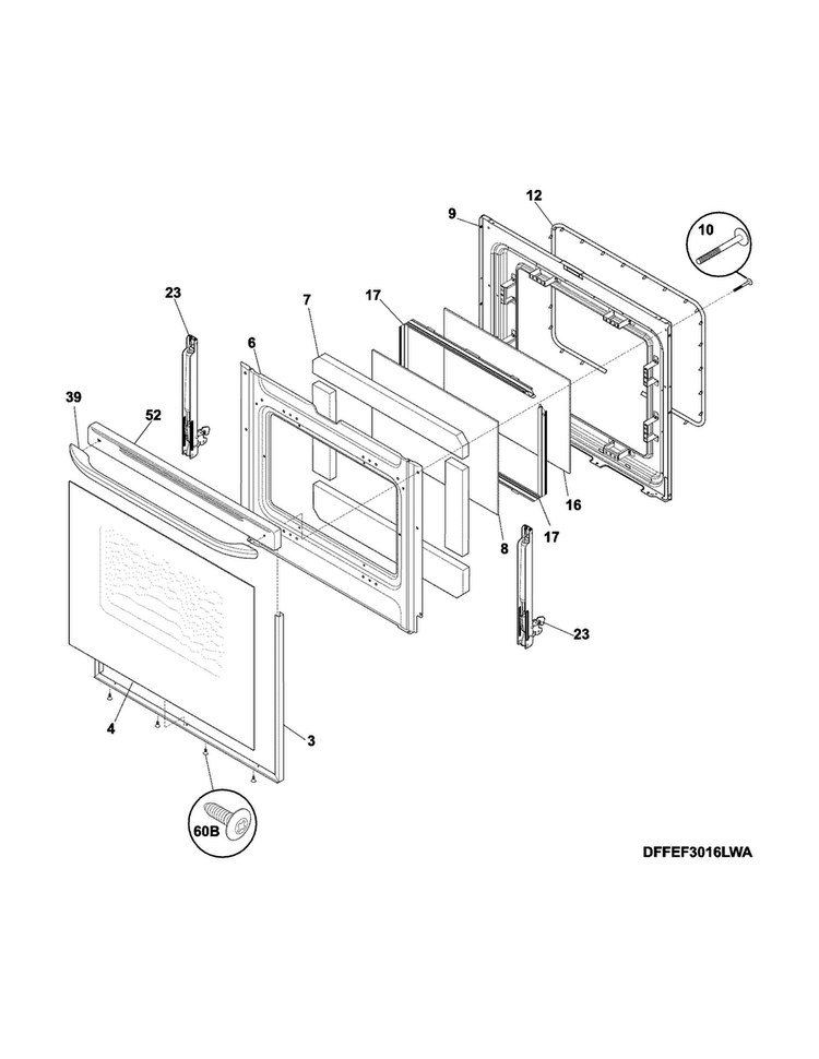 Door Diagram and Parts List for FFEF3024RWA  Frigidaire Range
