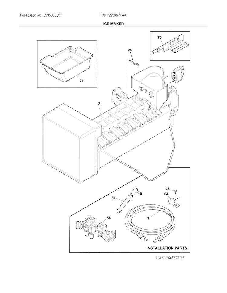 Ice Maker Diagram and Parts List for FGHG2366PFAA  Frigidaire Refrigerator