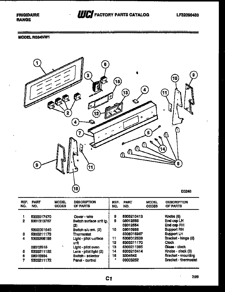 CONTROL PANEL Diagram and Parts List for RG34NW1  Frigidaire Range