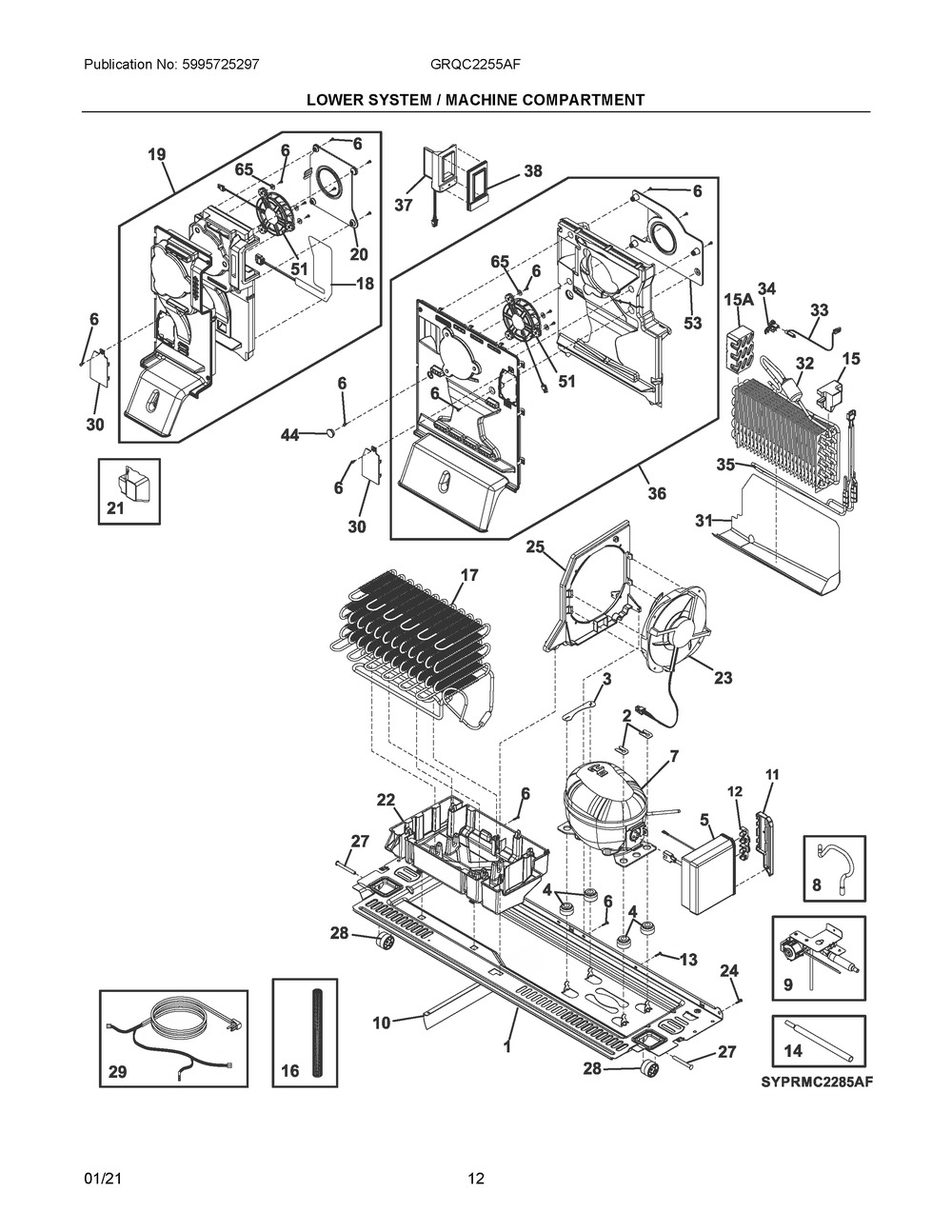 Lower System / Machine Compartment Diagram and Parts List for GRQC2255AF  Frigidaire Refrigerator