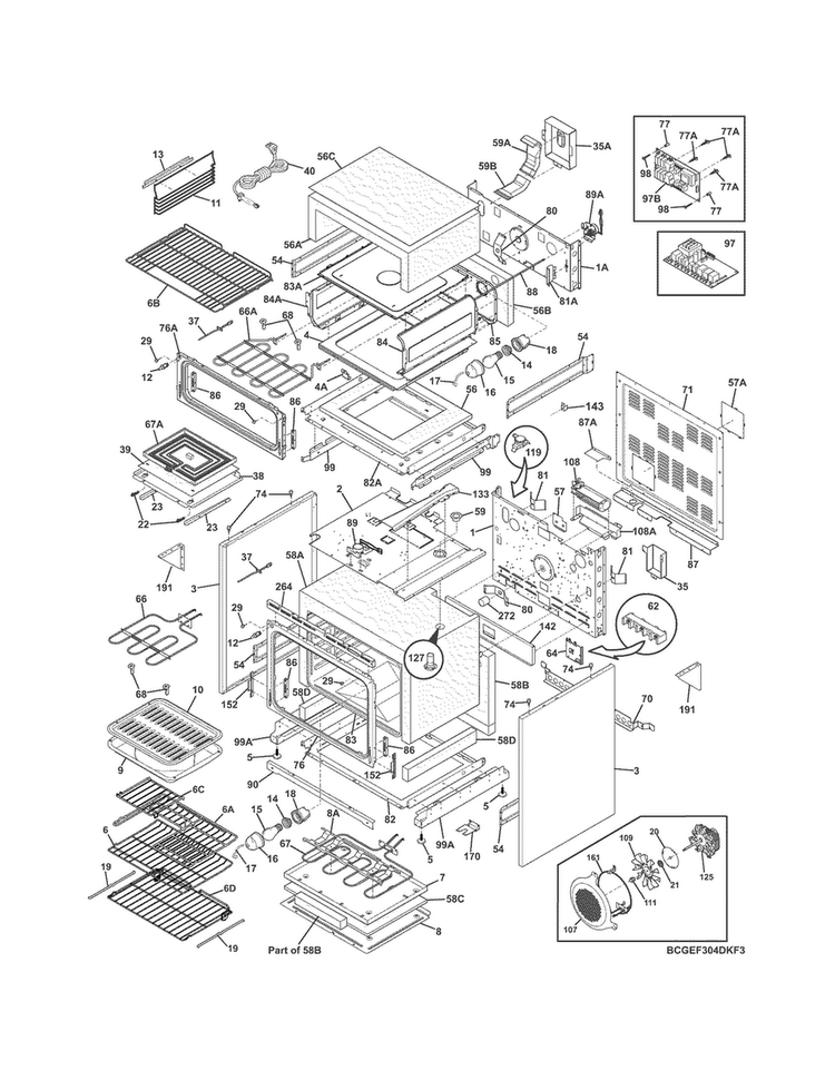 Body Diagram and Parts List for CGEF304DKF4  Frigidaire Range