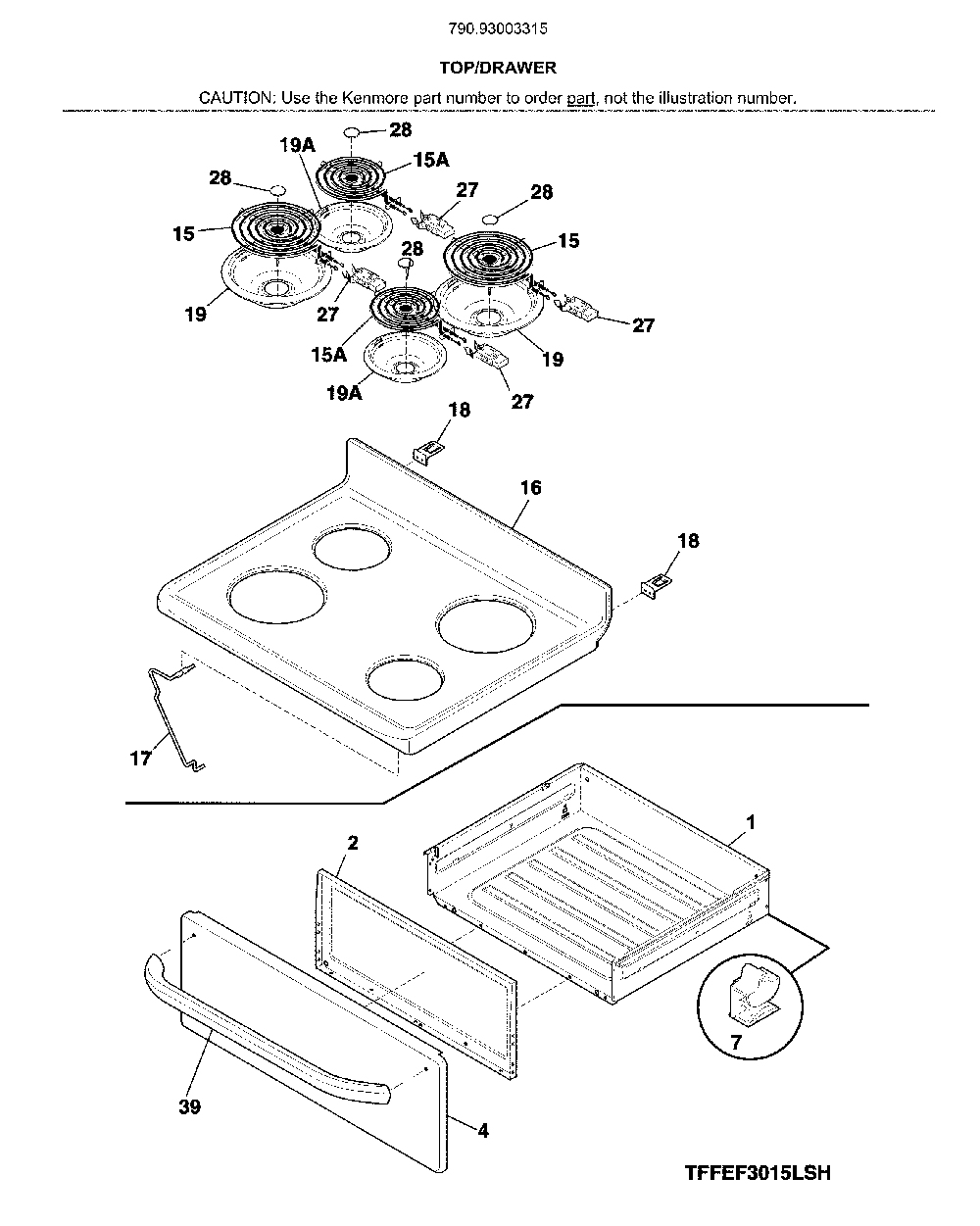 Top/drawer Diagram and Parts List for 79093003315  Kenmore Range