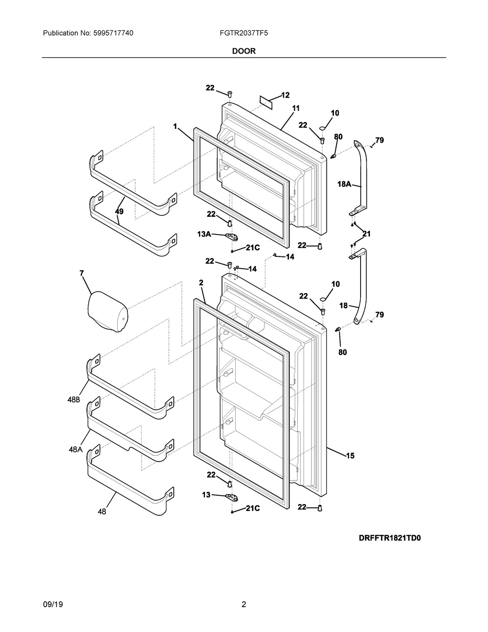 Door Diagram and Parts List for FGTR2037TF5  Frigidaire Refrigerator