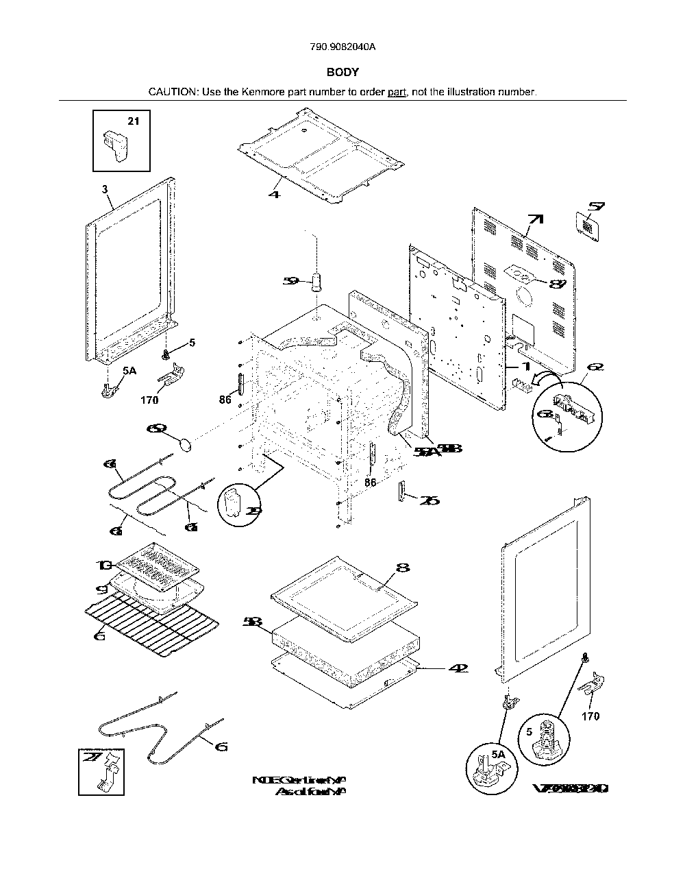 Body Diagram and Parts List for 7909082040A  Kenmore Range
