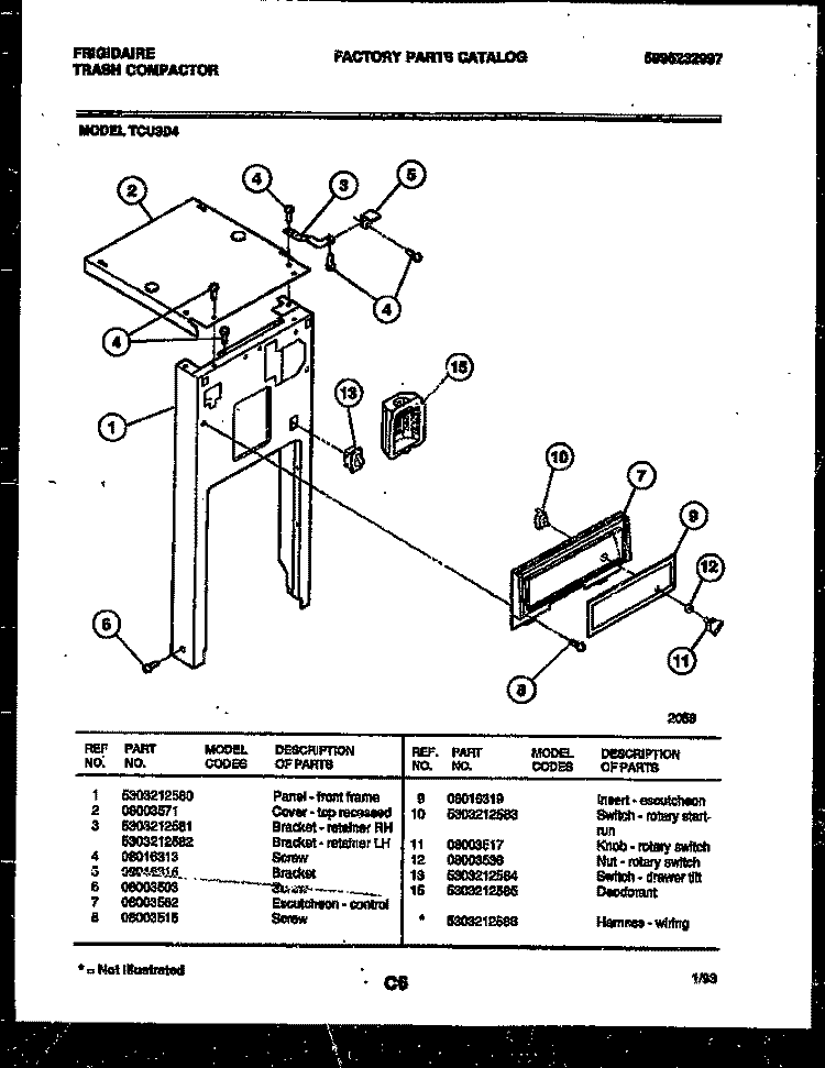 FRONT FRAME AND CONTROL PARTS Diagram and Parts List for TCU3D4  Frigidaire Trash Compactor