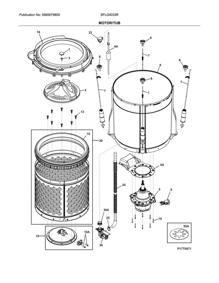Motor/tub Diagram and Parts List for SFLG4033RT1  Frigidaire Washer Dryer Combo