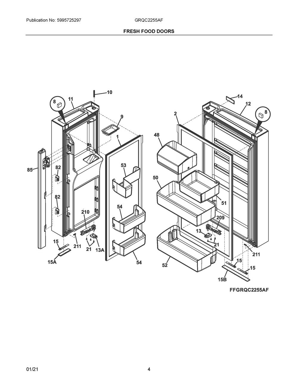 Fresh Food Doors Diagram and Parts List for GRQC2255AF  Frigidaire Refrigerator