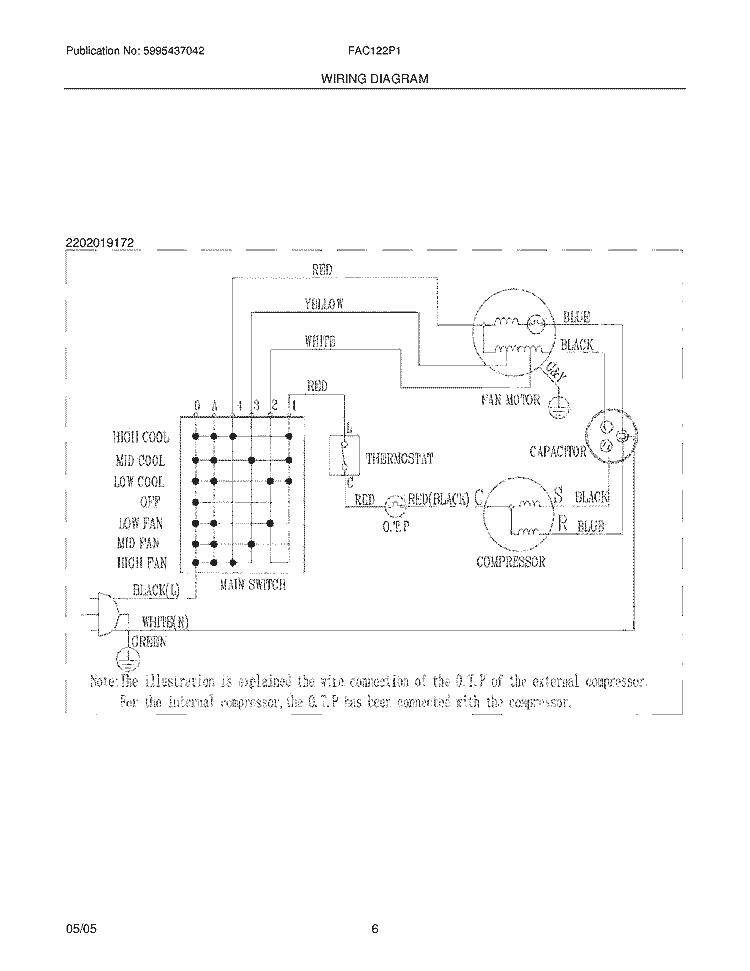 WIRING DIAGRAM Diagram and Parts List for FAC122P1A1  Frigidaire Air Conditioner