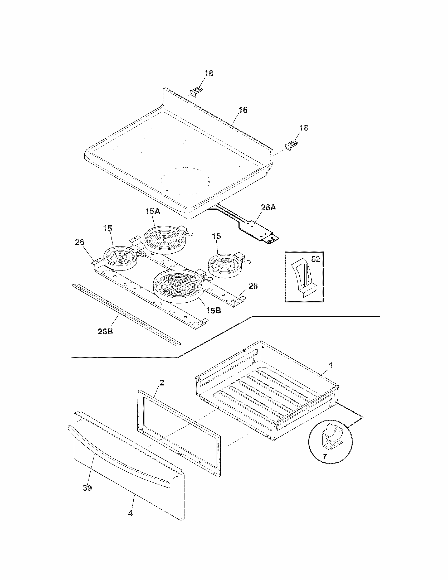 Top/drawer Diagram and Parts List for 79093013310  Kenmore Range