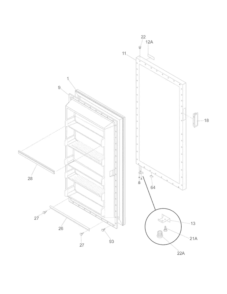 Door Diagram and Parts List for KFU13M3LW1  Kelvinator Freezer