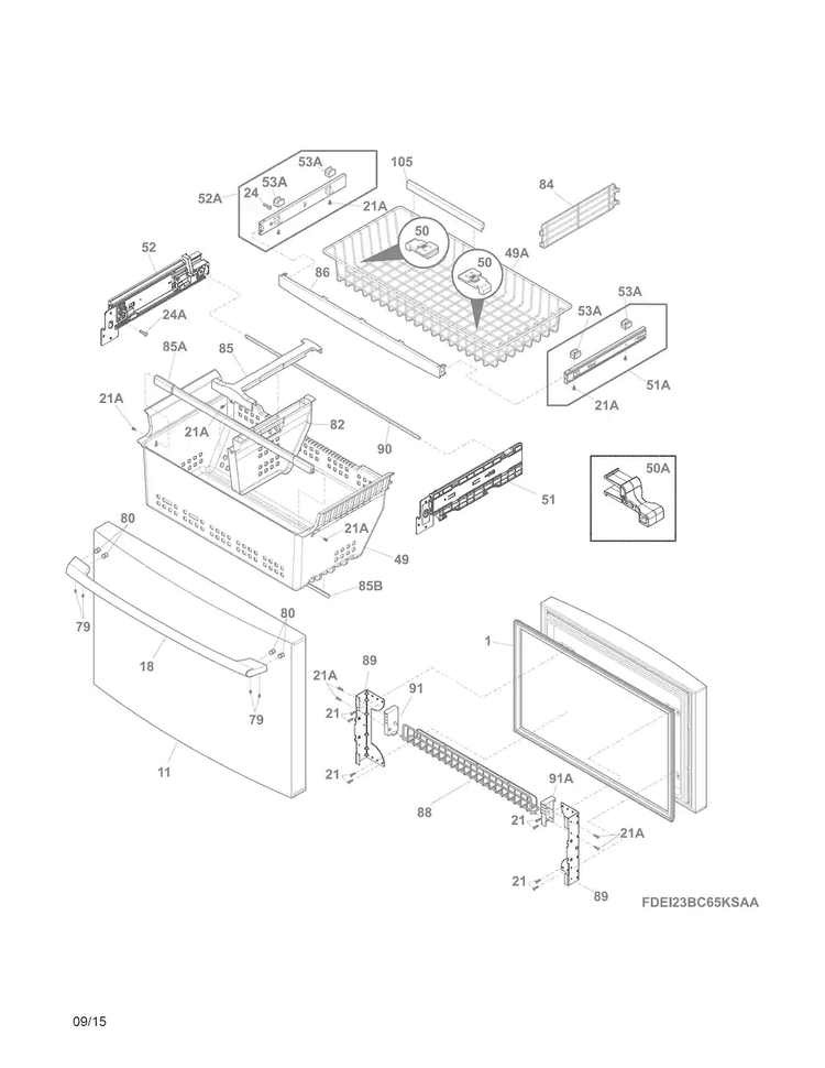 Freezer Drawer, Baskets Diagram and Parts List for EI23BC65KSAA  Electrolux Refrigerator