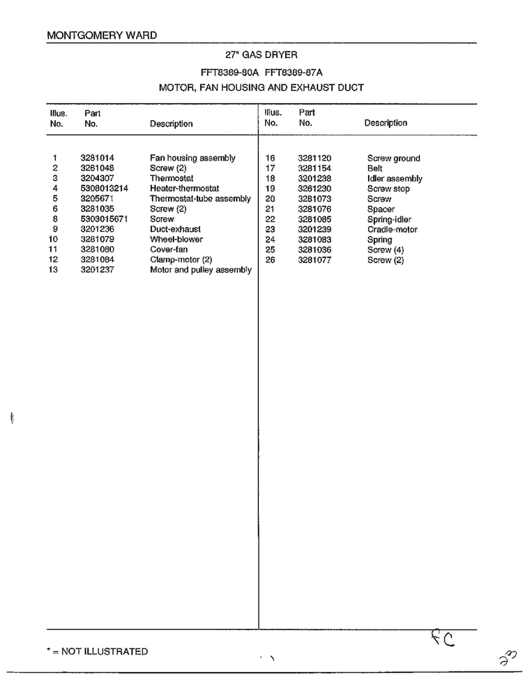 Motor, Fan Housing And Exhaust Duct Page 2 Diagram and Parts List for 8389-80A  Frigidaire Dryer