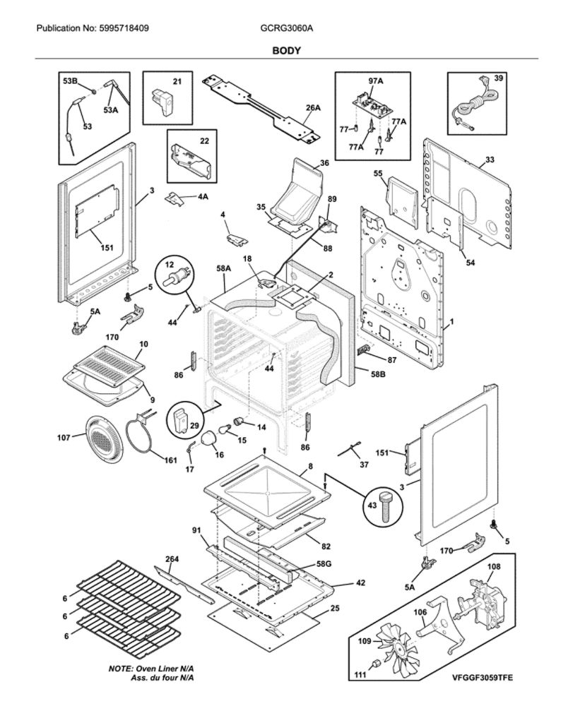 Body Diagram and Parts List for GCRG3060ADA  Frigidaire Range