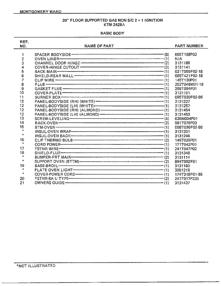 30" Floor/basic Body Page 2 Diagram and Parts List for 2428A  Frigidaire Range