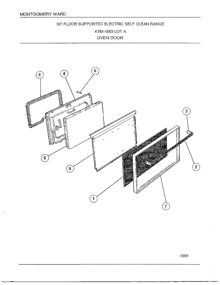 Oven Door Diagram and Parts List for 4853A  Frigidaire Range