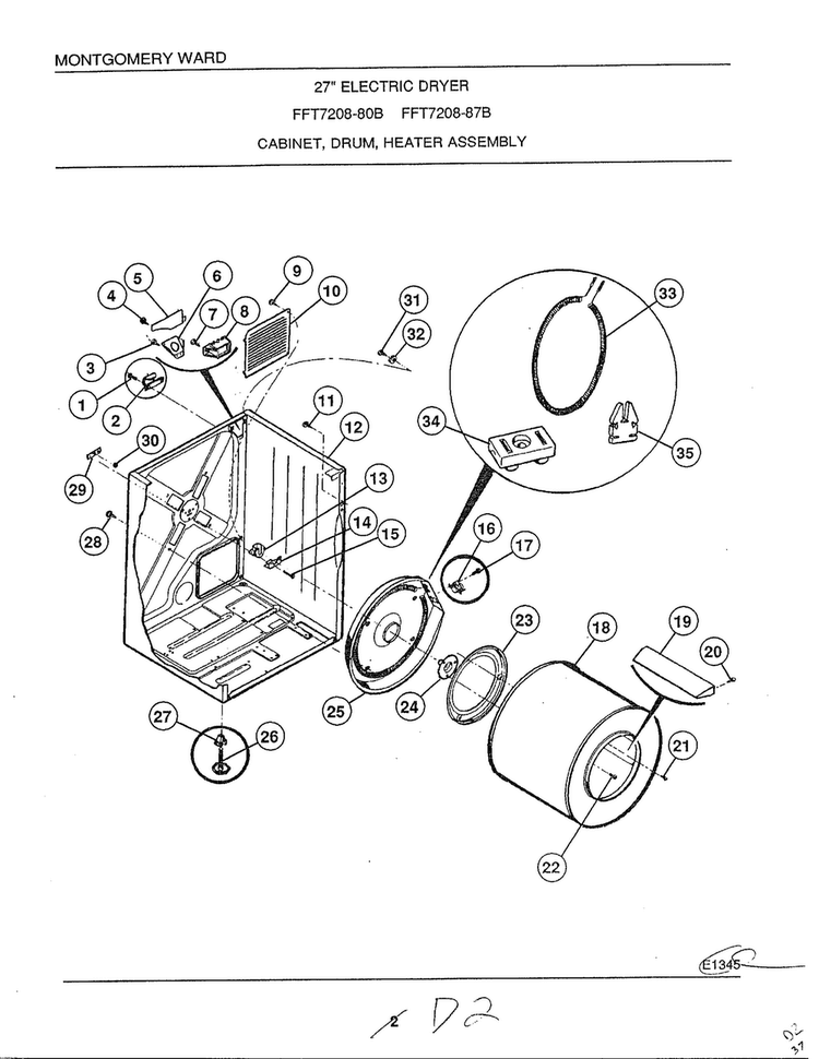 Cabinet/drum/heater Assembly Diagram and Parts List for 7208B  Frigidaire Dryer