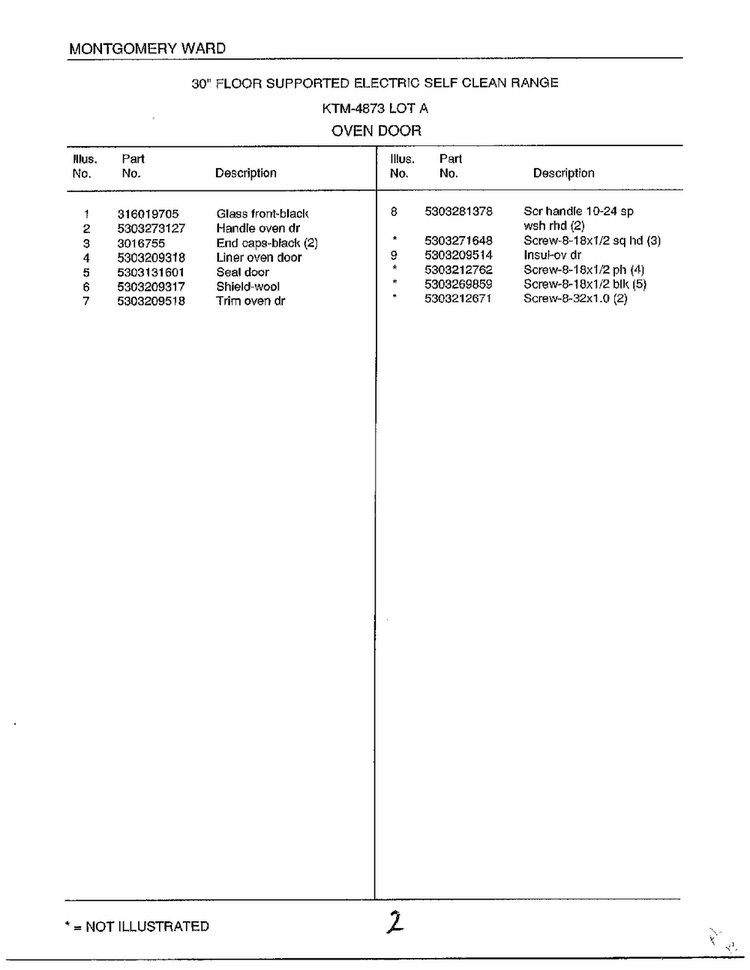 Oven Door Page 2 Diagram and Parts List for 4873A  Frigidaire Range