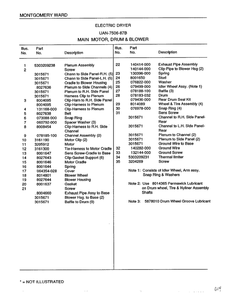 Main Motor, Drum And Blower Page 2 Diagram and Parts List for 7506B  Frigidaire Dryer