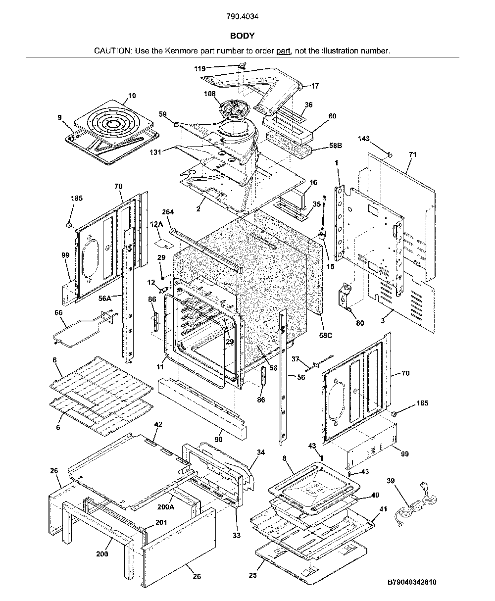 Body Diagram and Parts List for 79040342810  Kenmore Wall Oven