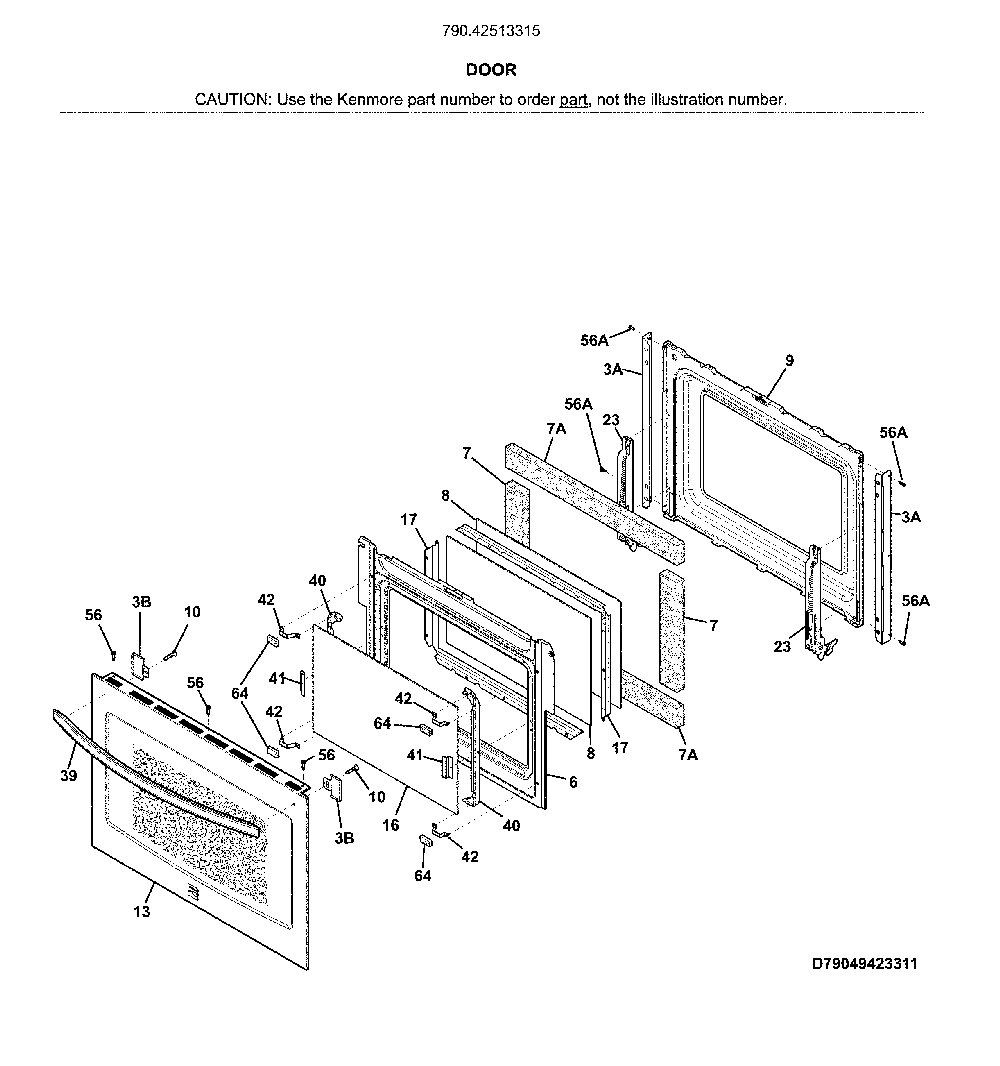 Door Diagram and Parts List for 79042513315  Kenmore Range