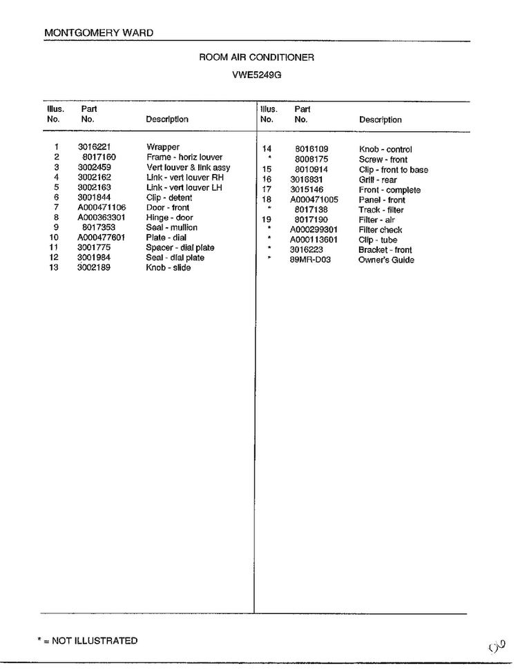 Room Air Conditioner Page 2 Diagram and Parts List for 5249G  Frigidaire Air Conditioner