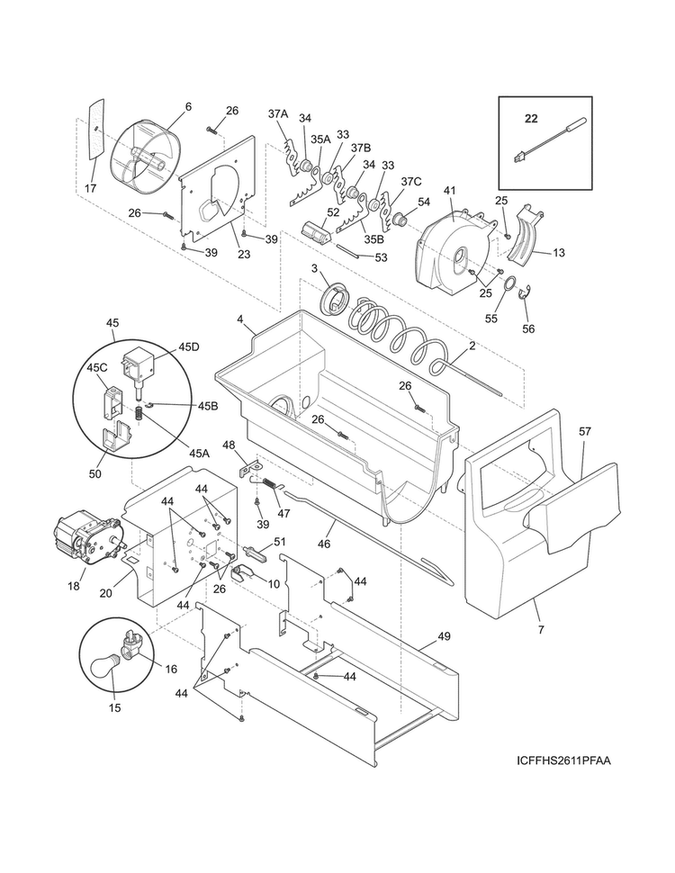 Ice Container Diagram and Parts List for FFHS2311LWJA  Frigidaire Refrigerator