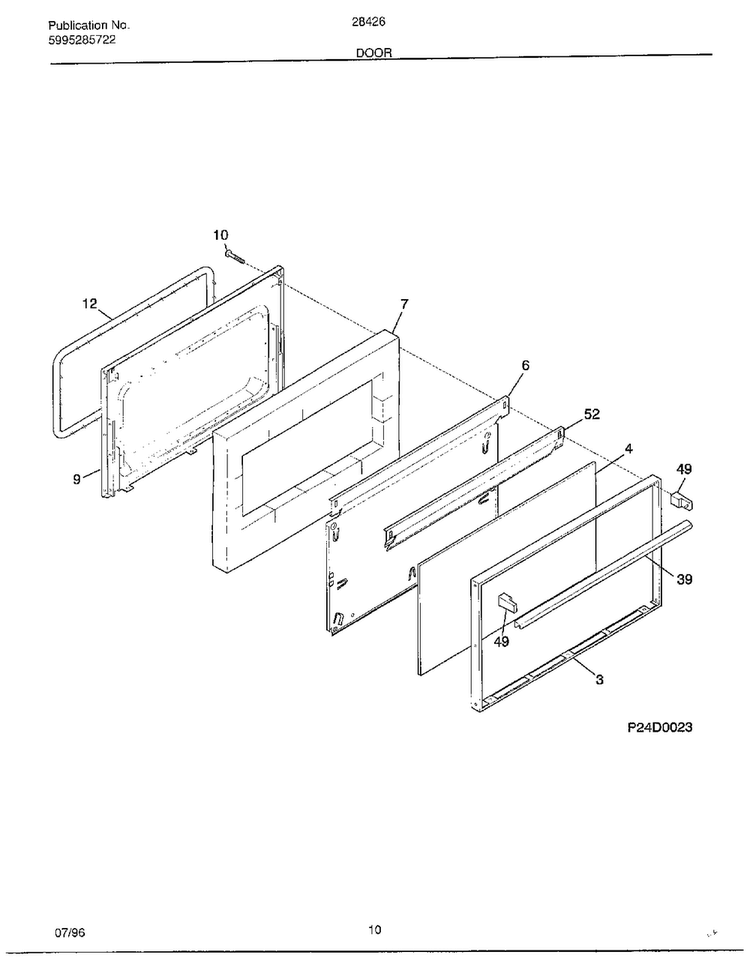 Door Diagram and Parts List for 284260A  Frigidaire Range