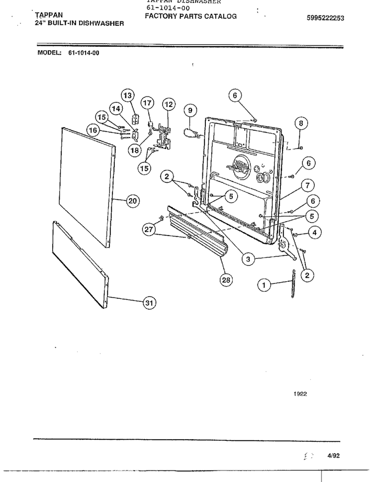 Tappan 24" Built-in Dishwasher Page 2 Diagram and Parts List for 61-1014-00  Frigidaire Dishwasher
