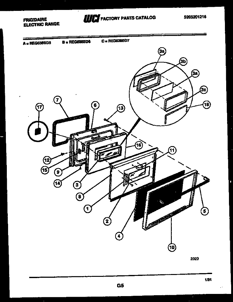 LOWER OVEN DOOR PARTS Diagram and Parts List for REG638BDL5  Frigidaire Range