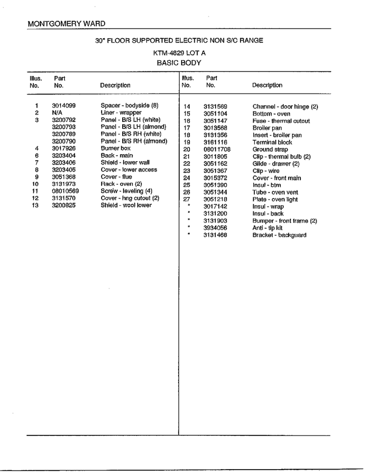 Basic Body Page 2 Diagram and Parts List for 4829A  Frigidaire Range