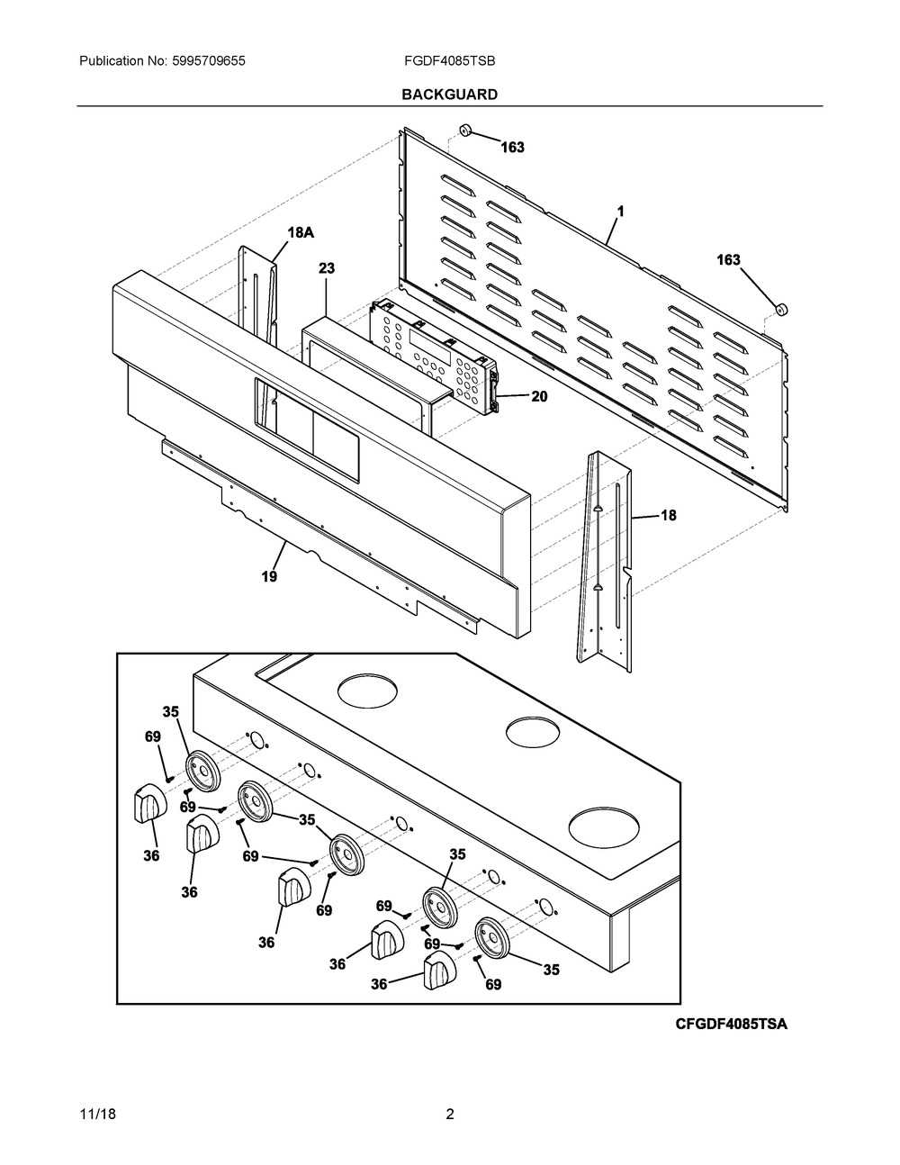 Backguard Diagram and Parts List for FGDF4085TSB  Frigidaire Range