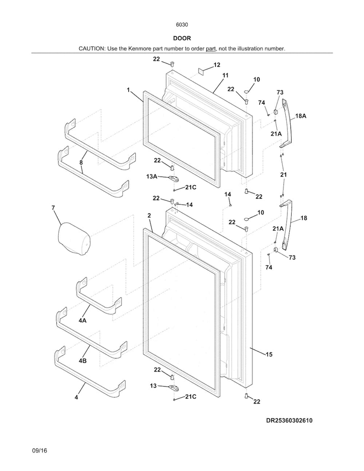 Doors Diagram and Parts List for 25360303610  Kenmore Refrigerator