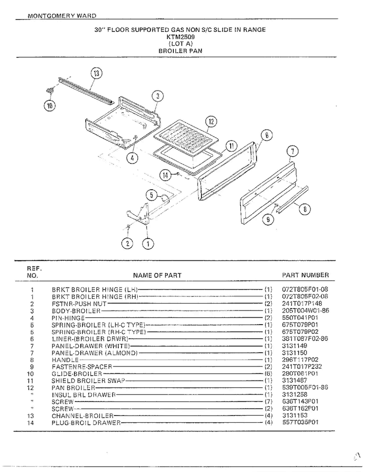 Broiler Pan Diagram and Parts List for 2509A  Frigidaire Range