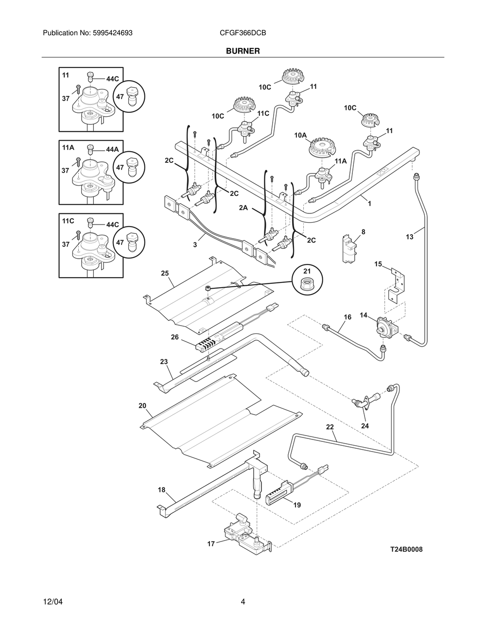 Burner Diagram and Parts List for CFGF366DCB  Frigidaire Range