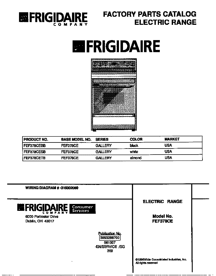 COVER Diagram and Parts List for FEF378CESB  Frigidaire Range