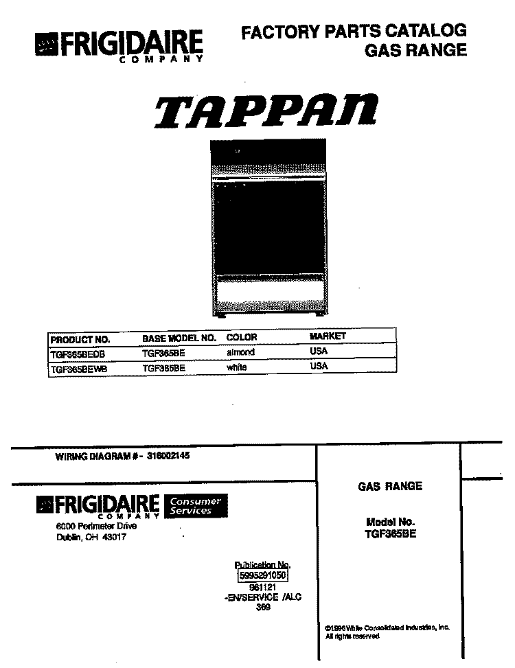 COVER Diagram and Parts List for TGF365BEDB  Tappan Range