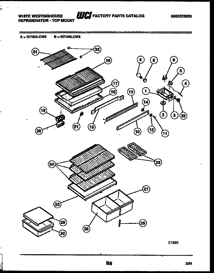 SHELVES AND SUPPORTS Diagram and Parts List for RT194LCW3  Frigidaire Refrigerator