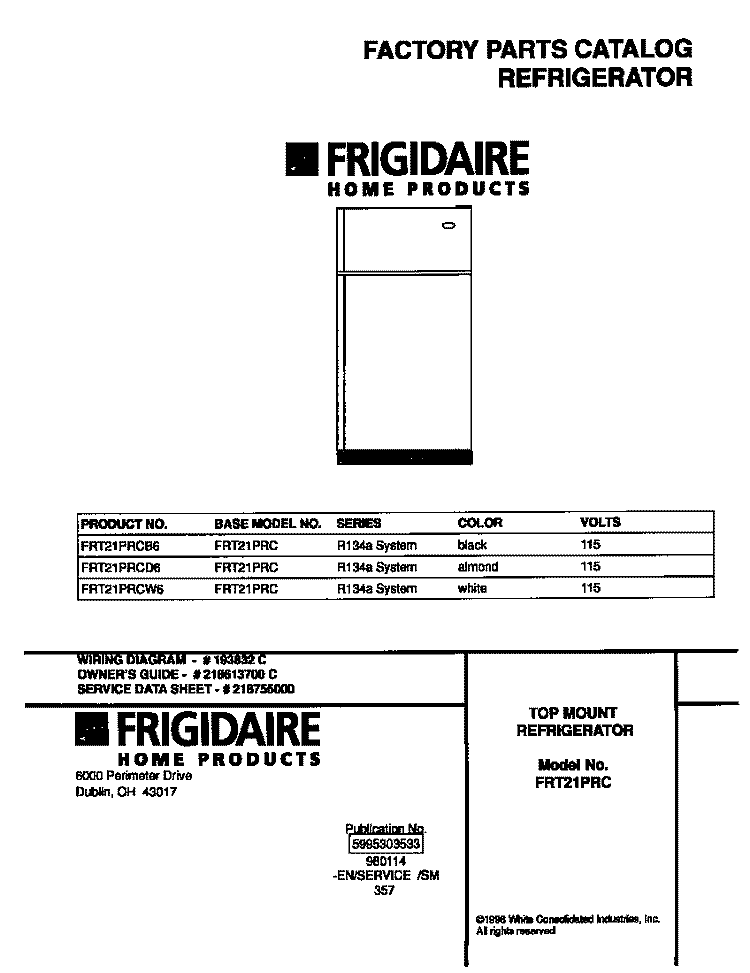 COVER Diagram and Parts List for FRT21PRCW6  Frigidaire Refrigerator