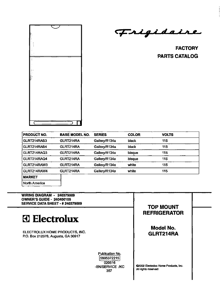 COVER Diagram and Parts List for GLRT214RAB4  Frigidaire Refrigerator