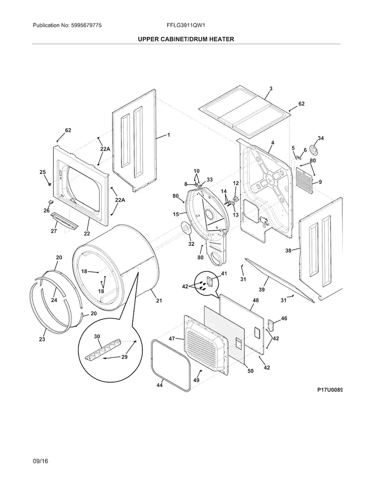Upper Cabinet/drum Heater Diagram and Parts List for FFLG3911QW1  Frigidaire Washer Dryer Combo