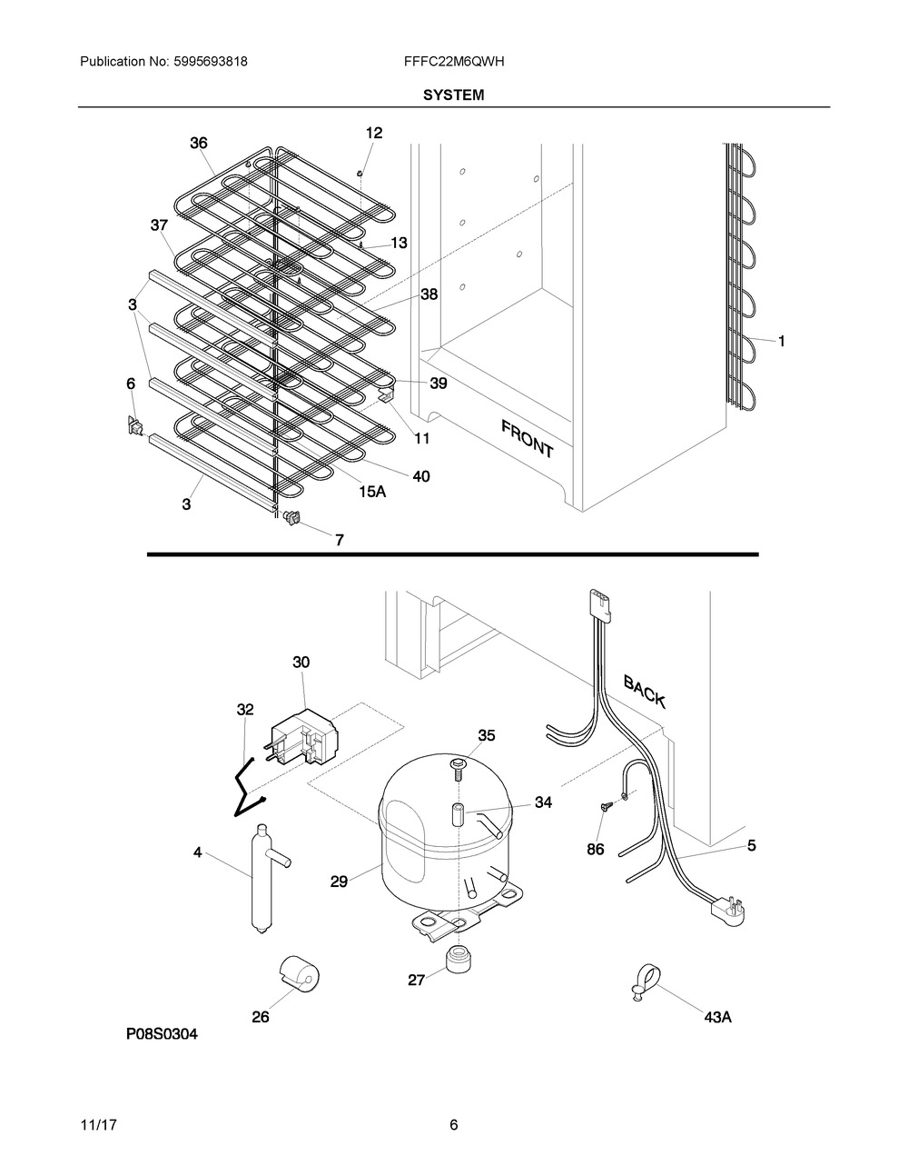 System Diagram and Parts List for FFFC22M6QWH  Frigidaire Freezer