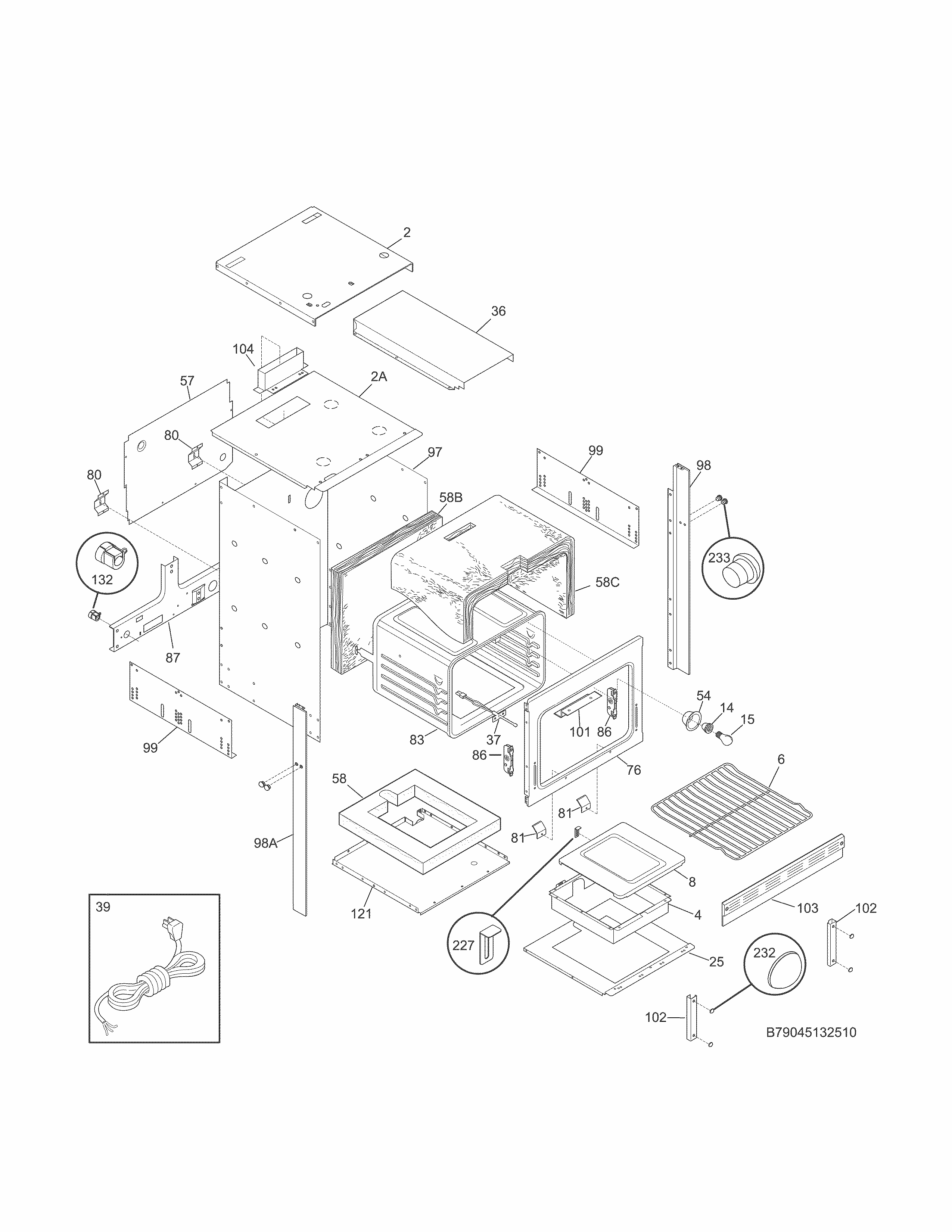 Body Diagram and Parts List for 79045139510  Kenmore Wall Oven