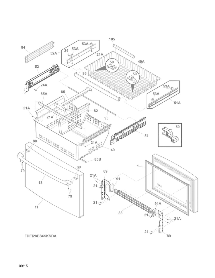 Freezer Drawer, Baskets Diagram and Parts List for EI28BS65KSDA  Electrolux Refrigerator