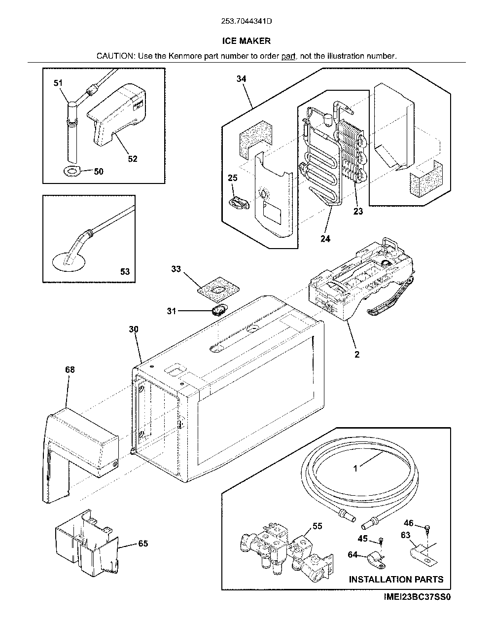 Ice maker Diagram and Parts List for 2537044341D  Kenmore Refrigerator